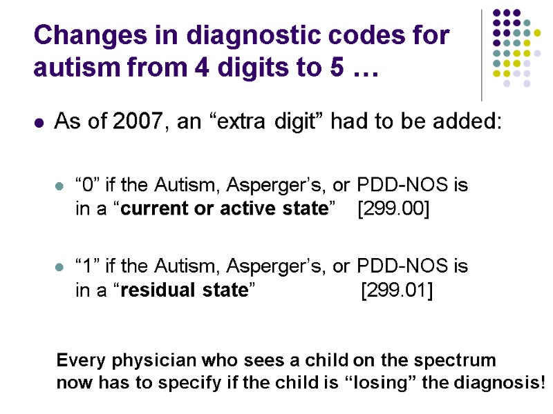 Changes in diagnostic codes for autism from 4 digits to 5 … As of